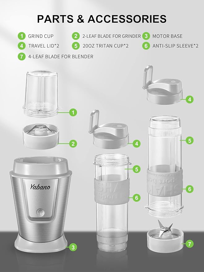 Personal Blender, Electric Shake Bottle with 2 x 20oz Travel Bottle and Coffee/Spices Jar, Portable Shaker Cups for Protein Shakes, 500W Single Serve Blender for Shakes and Smoothies, Sports(Grey)