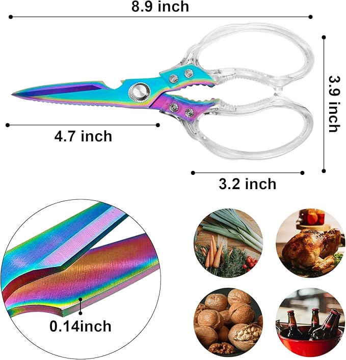 CGBE Kitchen Scissors, Multi-Purpose Kitchen Shears, Heavy Duty Dishwasher Safe Food Scissors for Chicken, Poultry, Fish, Meat & Herbs with Non-Slip Grips (Transparent Colorful)