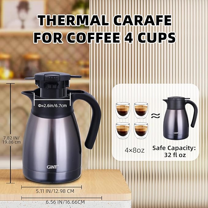 GiNT 1L / 34Oz Thermal Coffee Carafe, Insulated Stainless Steel Coffee Carafes for Keeping Hot/Double Walled Vacuum Thermal Carafe (Purple)