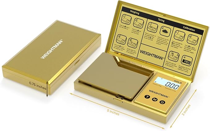 WEIGHTMAN Digital Scale Gram, 200g/0.01g Pocket Scale Gold Titanium Plating, LCD Backlit Display, Mini Jewelry Scale with 6 Units, Auto Off, Tare Function for Food, Coins, Battery Included