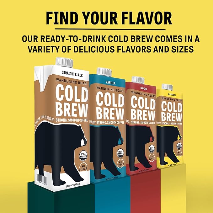 Wandering Bear Organic Caramel Cold Brew Coffee - Strong, Bold, Smooth, Unsweetened, Shelf-Stable, Ready to Drink, Gluten Free, & Vegan Iced Cold Brewed Coffee Drink - 32 fl oz, 6 pack