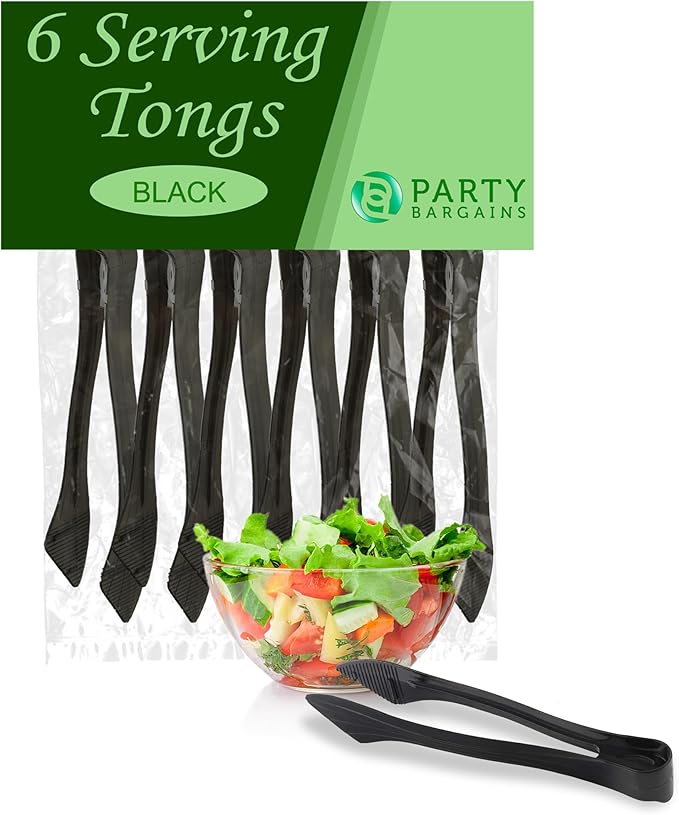 PARTY BARGAINS 8.5 Inches Plastic Serving Tongs, 6 Pack, Premium Quality & Heavy-Duty Black Plastic Tongs for BBQ, Salads, Grilling, Buffets, & Kitchen