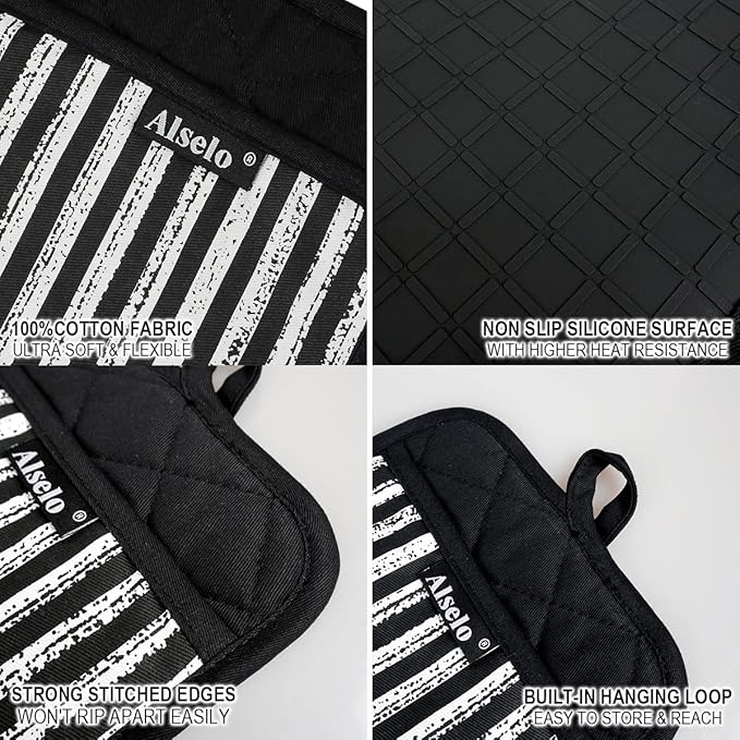 Silicone Pot Holders Set of 3 Heat Resistant & Non Slip Potholders, Professional Oven Hot Pads with Pockets Mitts for Kitchen Cooking Baking Barbecue (3, Black)