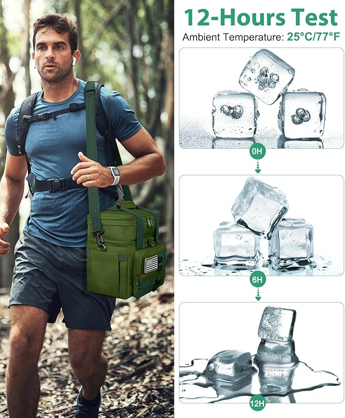 Tactical Lunch Box for Men, Large Insulated Lunch Bag for Adult, Heavy Duty Double Deck Expandable Lunch Cooler Bag with American Flag, Leakproof Soft Lunch Pail for Work Office Camping - Green