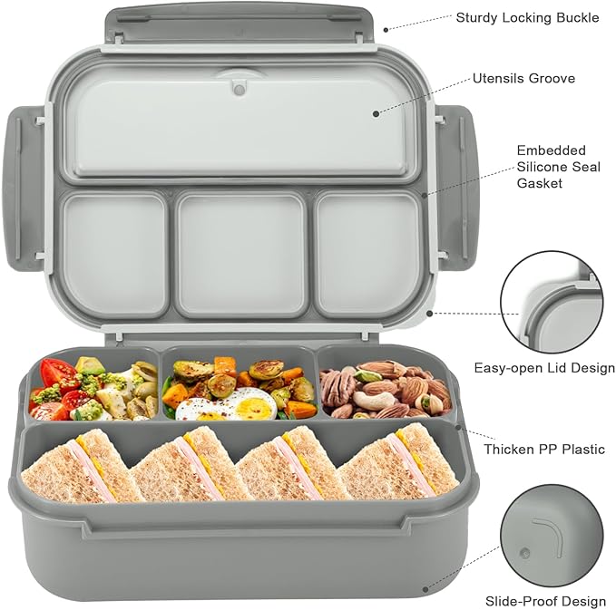 Bento Box Adult Lunch Box, Lunch Containers for Kids Girls Boys with 4 Compartments, Lunchable Food Container with Utensils, Sauce Jar, Muffin Liners, 40 Oz/5 Cup, Microwave & Dishwasher Safe, Gray