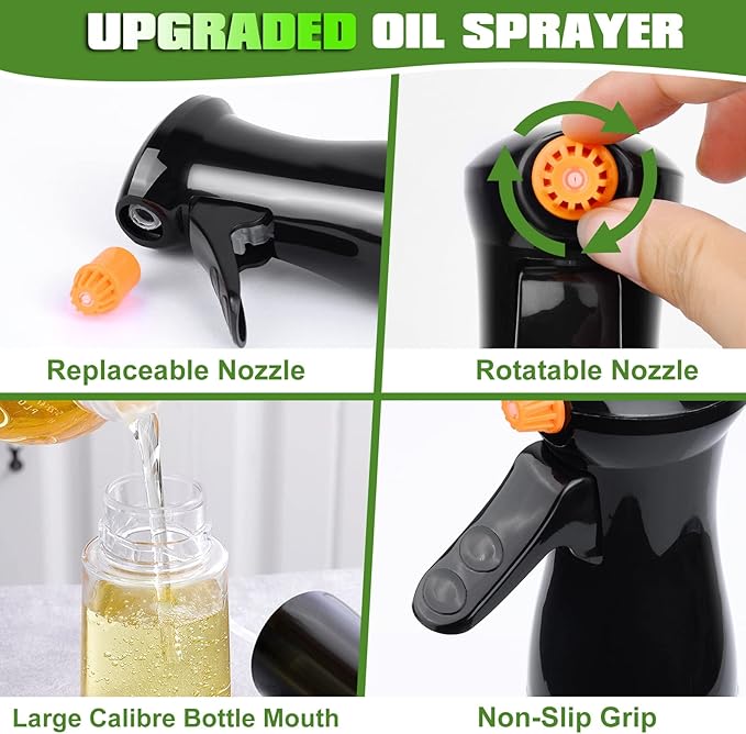 Oil Sprayer for Cooking, Upgraded Olive Sprayer Bottle, Air Fryer Accessories, Mister Vinegar Spritzer, Kitchen Gadgets for Salad, BBQ, Roasting (7oz/200ml, Black)