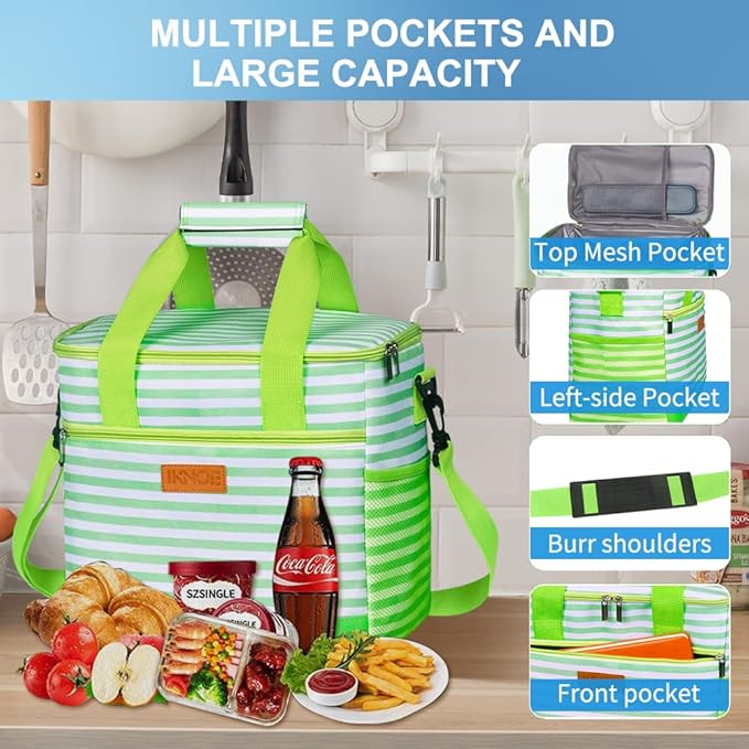 Iknoe Large Cooler Bag Collapsible 24 Can Insulated Bags Leakproof Lunch Cooler Tote with Multi-Pockets for Adult Insulated Thermal Bag for Beach, Picnic, Office Work(Green Stripe)