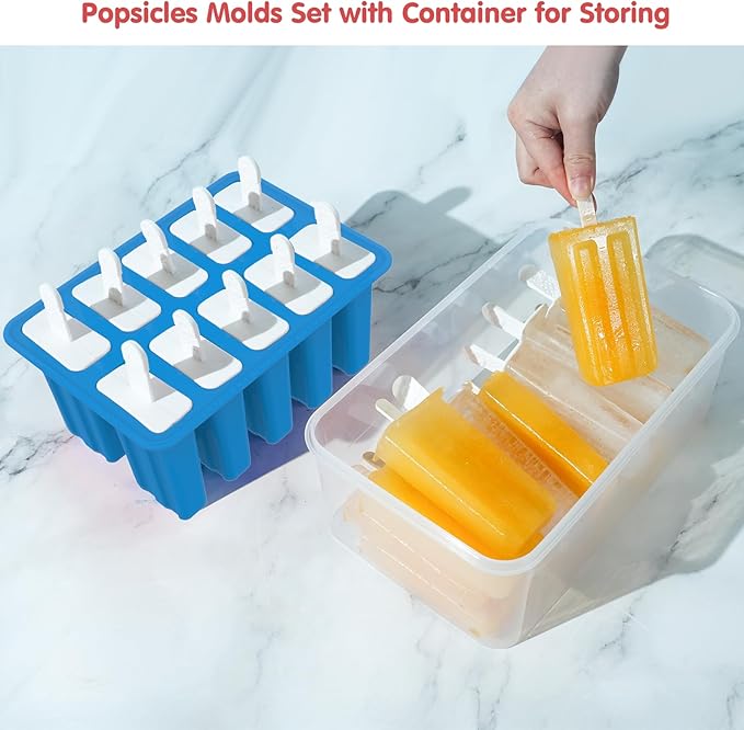 Miaowoof Homemade Popsicle Molds, 10-Cav Non-BPA Silicone Ice Pop Maker, with 50 Sticks, 50 Bags, 10 Reusable Sticks, Funnel, Brush and Ice Pop Recipe (Blue+Bin)