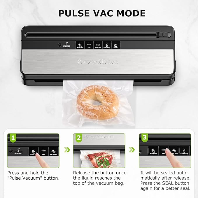 Bonsenkitchen Vacuum Sealer Machine, Multi-Functional Food Sealer with 1 Roll Bag & 50 Vacuum Bags, Built-in Cutter | Bag Storage, Black-Silver