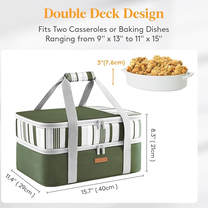LUNCIA Double Decker Insulated Casserole Carrier for Hot or Cold Food, Lasagna Holder Tote for Potluck Parties/Picnic/Cookouts, Fits 9"x13" Baking Dish, Dark Green
