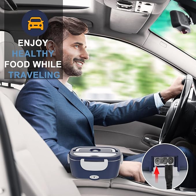 Monteka Electric Lunch Box Food Heater - Leakproof Portable Food Warmer heated lunch box for adults for Car/Home/Truck with 1.5L Removable Stainless Steel Container, 60W, 12V/24V/110V, DarkBlue