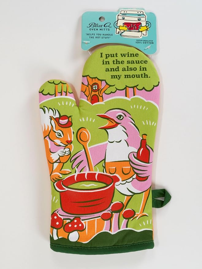 Blue Q I Put Wine in The Sauce Funny Oven Mitts - Cute Oven Mitts, Home Kitchen Gifts, Cooking Accessories, Super-Insulated Quilting, Comfy Natural-Fitting Shape, 100% Cotton, Size 12.5" L x 7.5" W