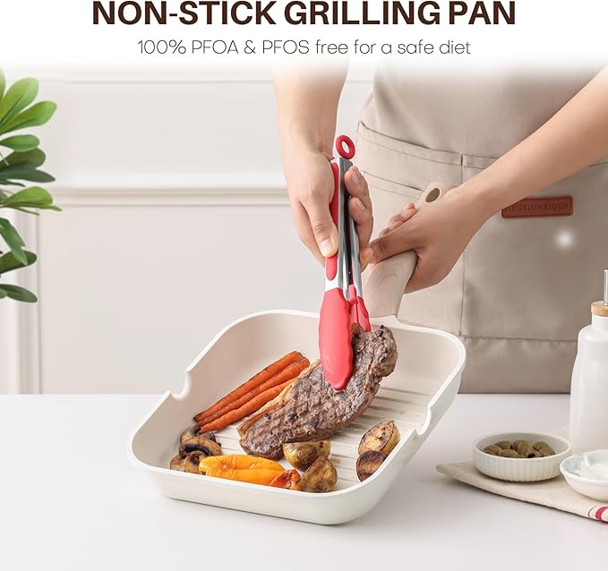 Kordisen Nonstick Grilling Pan with Lid for Stove Tops, 9.5 Inch Square Grill Pan for Indoor Cooking, Healthy Coating Grill Skillet with Pour Spouts, Versatile Griddle, Induction Steak Pan, White