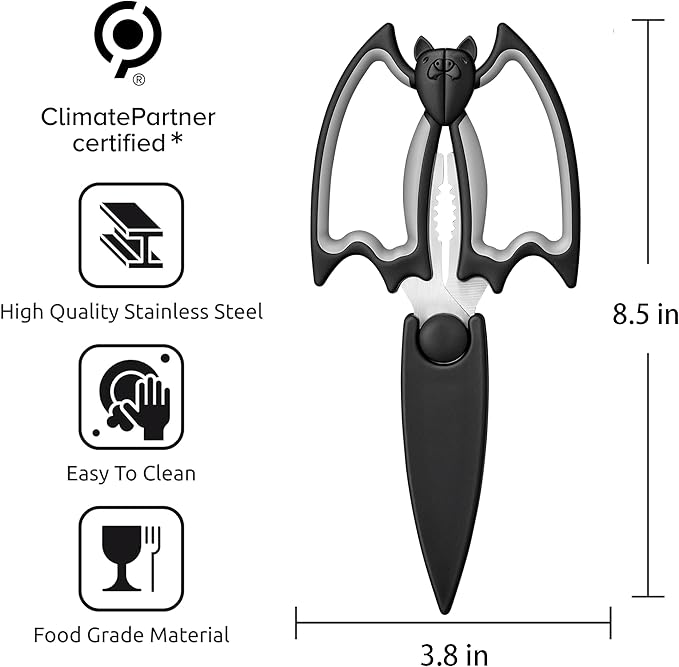 Magnetic Kitchen Scissors All Purpose 2 Pack - Halloween Bat Kitchen Shears - Heavy Duty Stainless Steel Cooking Shears for Cutting Meat, Food, Poultry - Featuring a Magnetic Protective Sheath