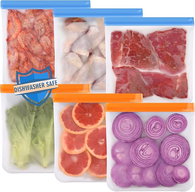 Lerine 6 Pack Reusable Gallon Freezer Bags Dishwasher Safe, BPA Free Reusable Freezer Bags 1 Gallon, Extra Thick Leakproof Food Storage Bags for Marinate Meats, Cereal, Veggies,Fruits