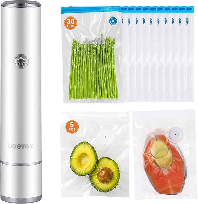 JEETEE Vacuum Sealer with 35 Reusable Bags for Food Fresh, Compact & Handhed Vacuum Sealer Machine for Food Seal, Portable, White