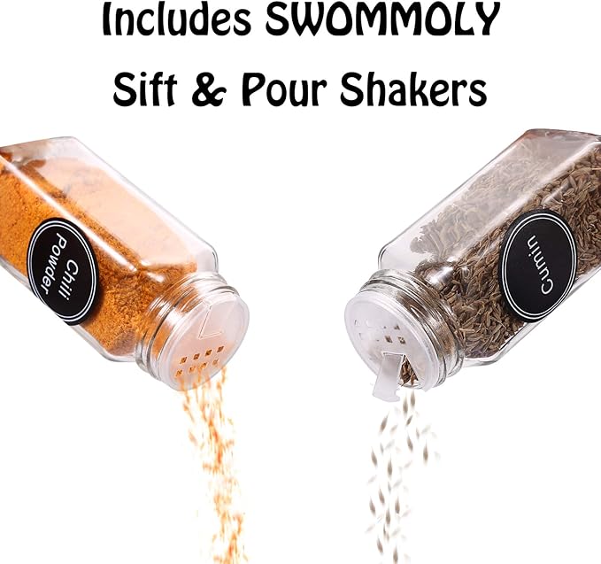 SWOMMOLY Spice Rack Organizer with 32 Glass Spice Jars, 396 Spice Labels, Chalk Marker and Funnel Complete Set, for Cabinet, Countertop, Cupboard or Wall Mount, Black