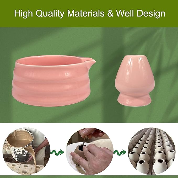 Pink Matcha Tea Set, 6pcs Matcha Whisk Set Pink, Matcha Ceremony Accessory, Whisk Holder, Matcha Bowl, Matcha Whisk, Bamboo Scoop, Sifter, Ceramic Matcha Bowl Tea Ceremony Accessory for Making Matcha