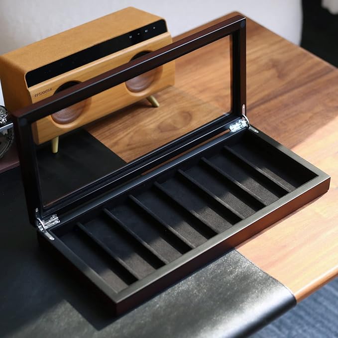 Knife Display Case Organizer storage 8 pocket knives, Folding Knife Holder with Real Glass Window Top， Pocket knife collection box for men gift (Ebony Veneer 8 slot)