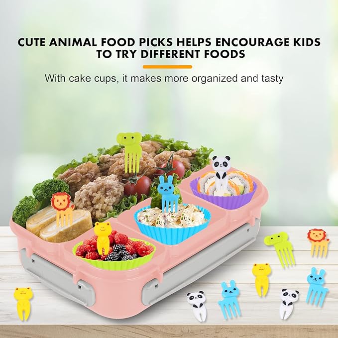 Bento Box Kids, 1300ML Adult Lunch Box with 4 Compartment & Food Picks & Cake Cups, Leak-Proof, Microwave/Dishwasher/Freezer Safe (Pink)