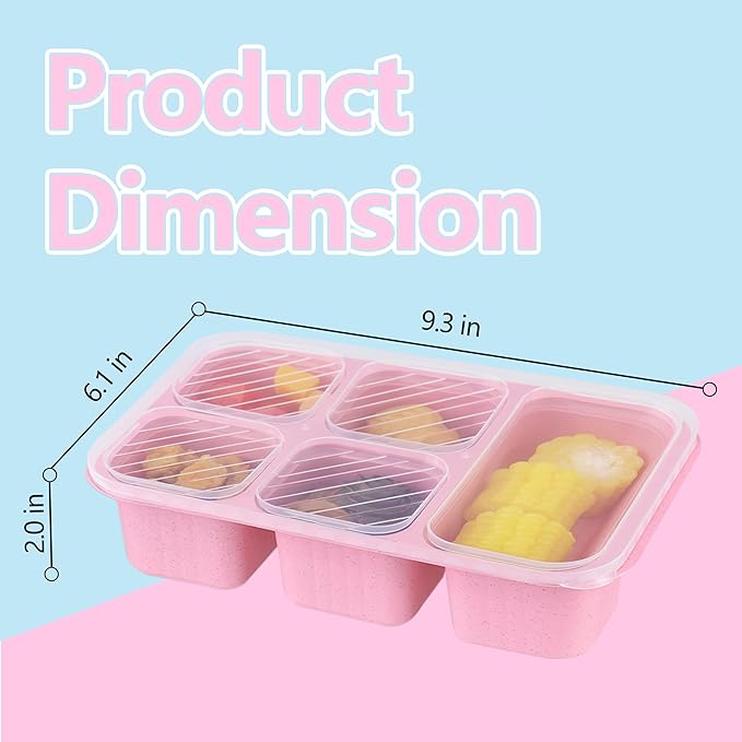 Finorder 4 Pack Wheat Straw Containers, Multicolor 5 Compartment Reusable Snack Bento Box, Rectangle Meal Prep Food Containers for Adults, Office and Travel