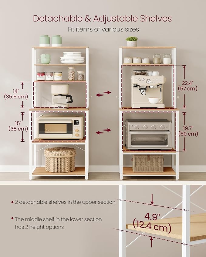 VASAGLE Coffee Bar, Baker’s Rack for Kitchen with Storage, 6-Tier Kitchen Shelves with 6 Hooks, Microwave Stand, Industrial, 15.7 x 23.6 x 65.7 Inches, Oak Color and White UKKS024W09