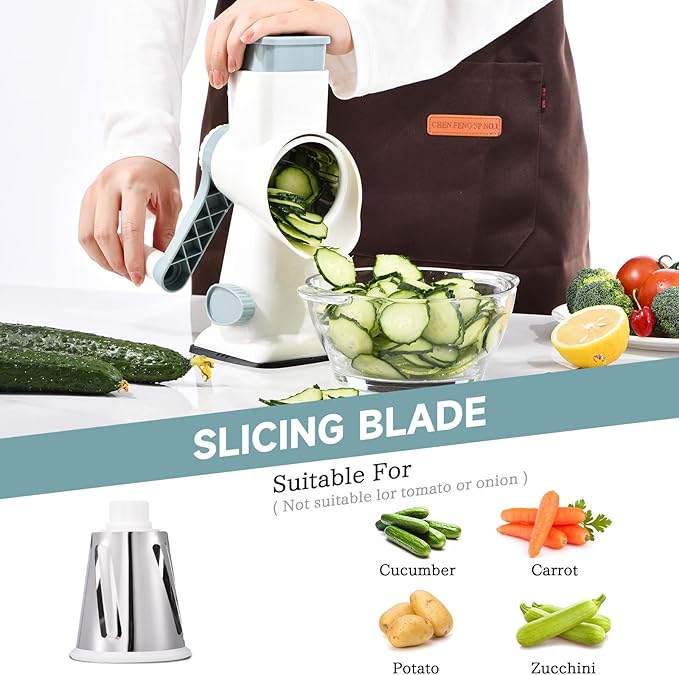 Rotary Cheese Grater with Handle Kitchen Shredder Slicer Grater Slicer Ice Shaver Cheese Vegetable Nuts Potato Zucchini Chocolate 3 Interchangeable Blades (WhiteBlue)