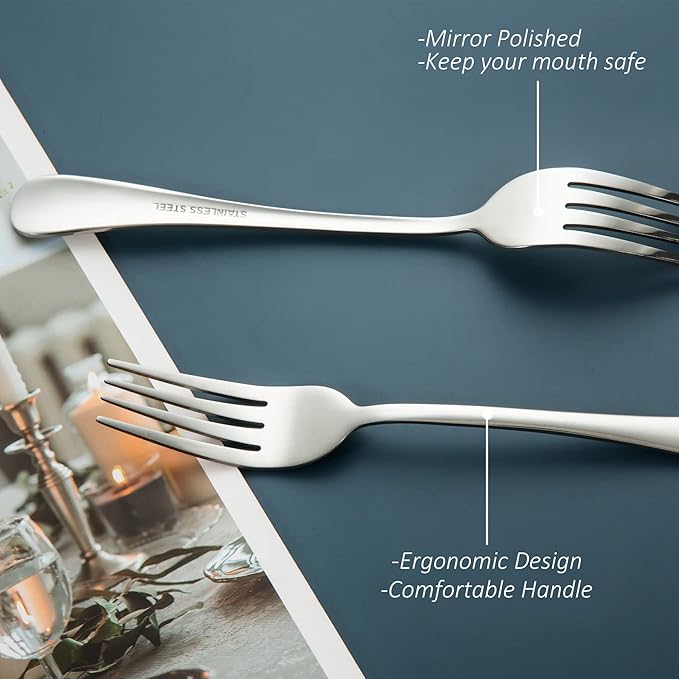 SANTUO Stainless Steel Dinner Forks Set - 16 Piece Top Food Grade Silverware Set with Round Handle, Mirror Finish & Dishwasher Safe - Silver 8 Inches