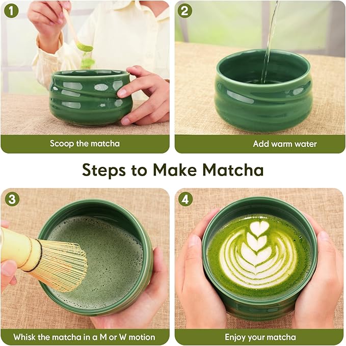 Matcha Whisk Set – Ceramic Matcha Set with Matcha Bowl, Matcha Whisk & Holder, Bamboo Scoop, Tea Towel – 5-Piece Japanese Matcha Kit for Matcha Lovers, Beginners & Gifting (Green, 20oz)