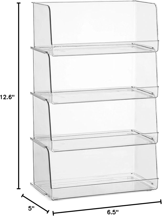 Set Of 4 Clear Pantry Organizer Bins Stackable Household Plastic Food Storage Basket with Wide Open Front for Kitchen, Countertops, Cabinets, Refrigerator, Freezer, Bedrooms, Bathrooms