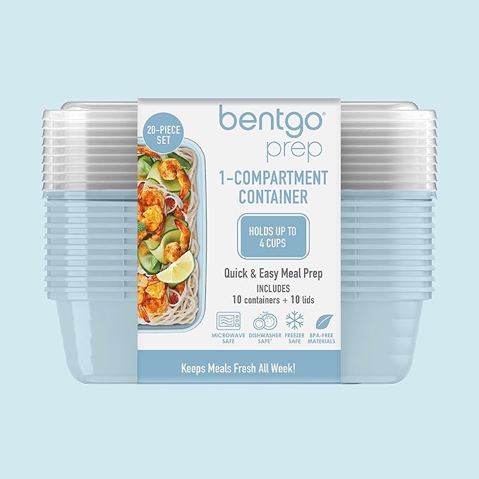 Bentgo Prep - 20-Piece 1-Compartment Reusable Meal Prep Containers with Lids, PFAS & BPA Free Materials, Durable, Microwave, Freezer, & Dishwasher Safe To Go Food Storage (Sky)