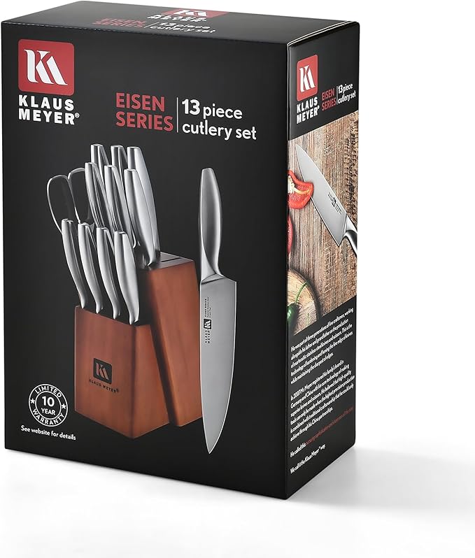 Klaus Meyer 13-Piece Kitchen Knife Set With Block, High Carbon Stainless Steel and Non-Slip Handles. Rust Proof And Dishwasher Safe Cutlery