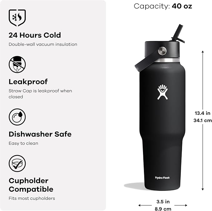Hydro Flask Travel Water Bottle - Insulated Stainless Steel - Wide Straw Lid, Non Spill, Leakproof in 40 Oz Agave Green
