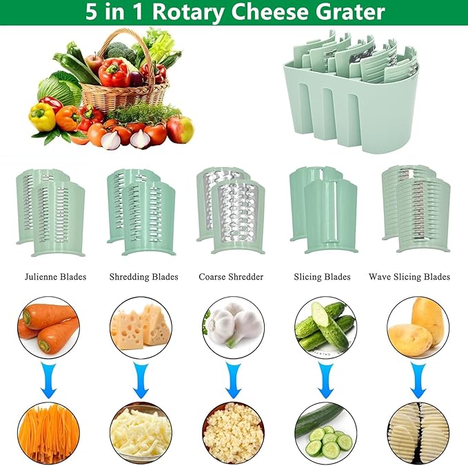 5 in 1 Rotary Grater, Kitchen Artifact 5 in 1 Food Chopper, AYUBOC 5 in 1 Gourmet Cheese Grater, 5 in 1 Cheese Grater, 5 in 1 Hand Crank Food Chopper-Green|5 Group Blades