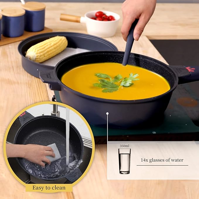 TIBORANG 8 in 1 Multipurpose 11 Inch 5 Quart Heat Indicator Nonstick Deep Frying Pan with Glass Lid, Stay-cool Handle, Steamed Grid, PFOA-Free,Dishwasher&Oven Safe,Works with All Stovetops(Navy Blue)