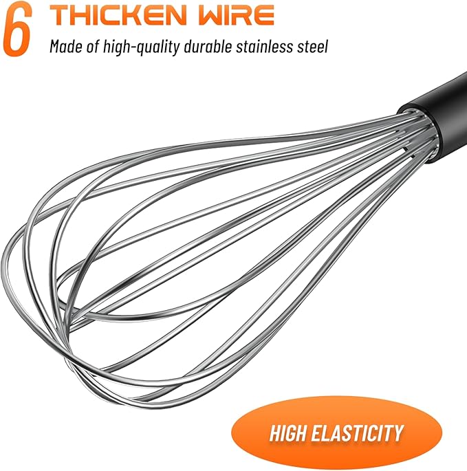 NileHome Silicone Whisk Set 8" 10" 12", 3 Pack Kitchen Whisk Kitchen Wisk Wire Whisks for Cooking, Whisking, Blending, Beating, Stirring-Black Silver