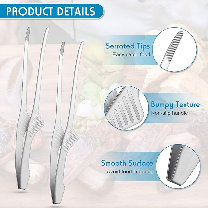 Patelai Korean and Japanese BBQ Tongs Non Slip Cooking Utensils Stainless Steel Tongs for Serving Food, Salad, Camping, Barbecue, Buffet, Oven with Support Stand(Silver,4 Pieces)