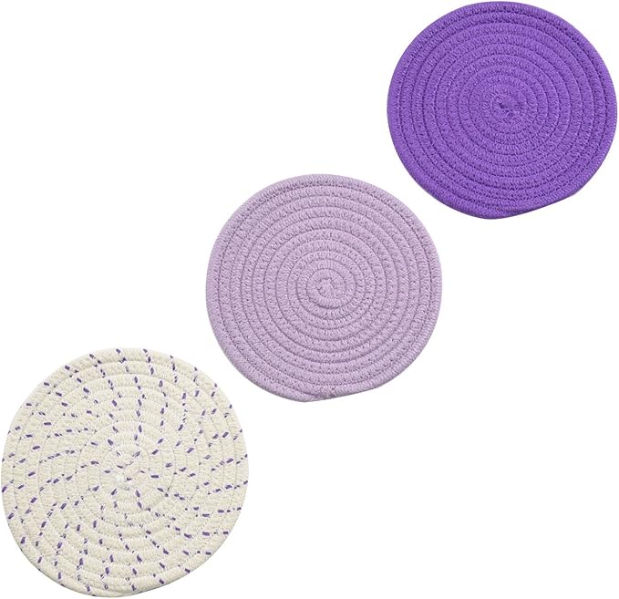 Pot Holders Set Trivets Set 100% Pure Cotton Thread Weave Hot Pot Holders Set (Set of 3) Stylish Coasters, Hot Pads, Hot Mats, Spoon Rest For Cooking and Baking by Diameter 7 Inches (Purple)