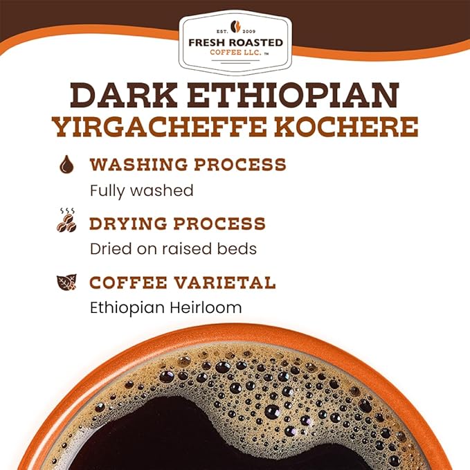 Fresh Roasted Coffee, Dark Ethiopian Yirgacheffe Kochere, 2 lb (32 oz), Dark Roast, Kosher, Whole Bean