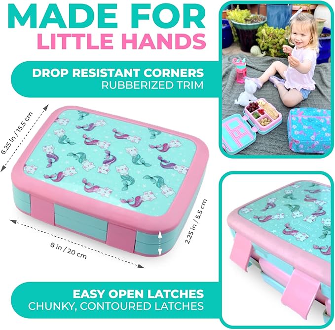 Kinsho Bento Lunch Box for Kids Toddlers, 5 Portion Control Sections, BPA Free Removable Plastic Tray, Pre-School Kid Toddler Daycare Lunches, Snack Container Ages 3 to 7 (Aqua Cat Mermaid)