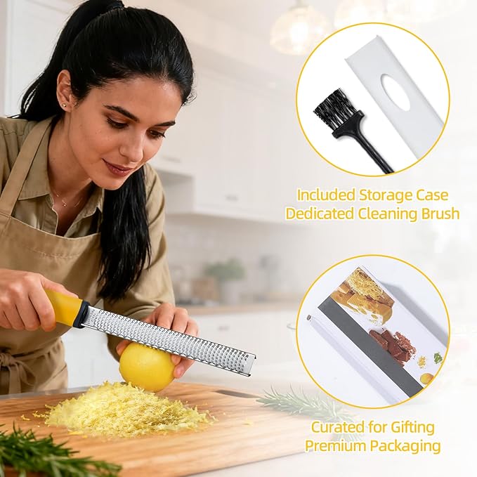 Koythin Zester, Lemon Zester & Cheese Grater with Brush, Heavy Duty Kitchen Tool for Zesting Citrus, Parmesan Cheese, Chocolate, Ginger, Fruits, Stainless Steel with Handle and Cover (Yellow)