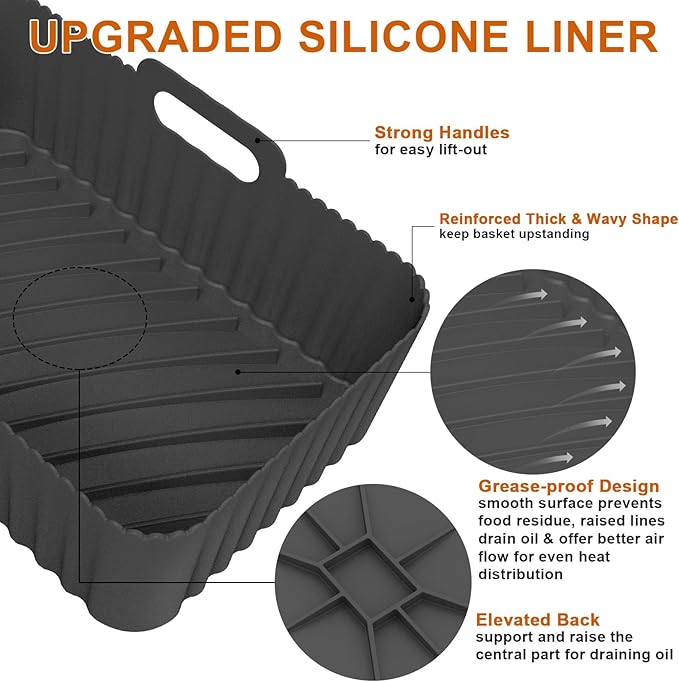 Silicone Air Fryer Liners Rectangle 2 Pack 8.0 Inch Airfryer Liners 8-10 QT Dual Air Fryer Liners Reusable Pot Oven Liner Baking Tray, Air Fryer Basket Silicone Mat Bowl Air Fryer Accessories Kitchen