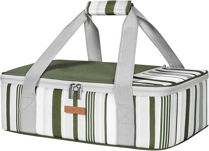 LUNCIA Insulated Casserole Carrier for Hot or Cold Food, Lasagna Lugger Tote for Potluck Parties/Picnic/Cookouts, Fits 9"×13" Baking Dish, Dark Green