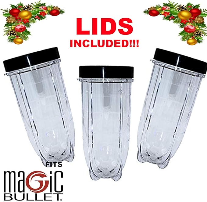 16oz Cups 6 Piece Set - 3 Replacement Cups WITH LIDS for Magic Bullet Blender LIDS INCLUDED