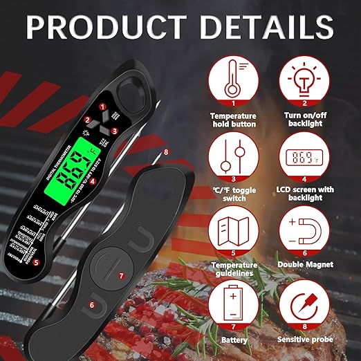 Meat Thermometer Digital，IP67 Waterproof Cooking Thermometer with Backlight, Calibration & Hold Function，Food Thermometer for Cooking,Outdoor Grilling，Suitable as Stocking Stuffers for Men