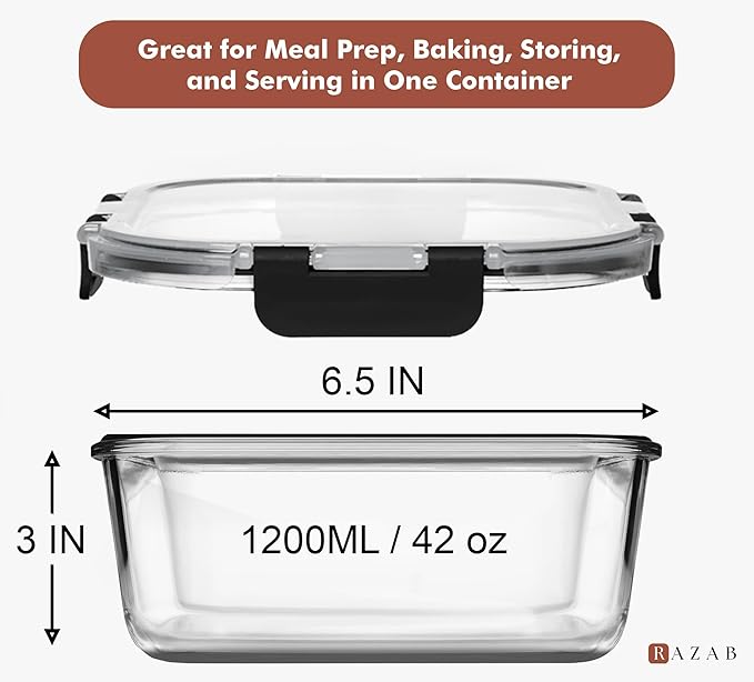 Razab 2 PC 1200ML / 42 Oz Glass Food Storage Containers with Lids - Airtight & Leakproof - Microwave/Oven/Freezer Safe - BPA Free - Ideal for Meal Prep, Storing Leftover & Lunch