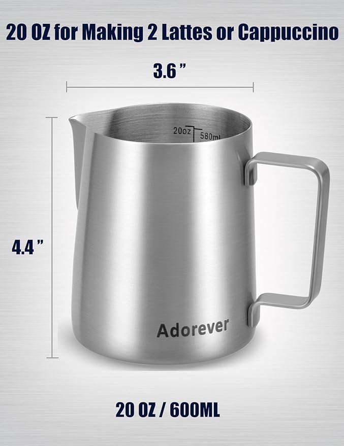 Milk Frothing Pitcher, 20oz Stainless Steel Milk Frother Cup Steaming Pitcher, Cappuccino Espresso Accessories Coffee Bar Barista Tools, Metal Steamer Cup Milk Jug with Latte Art Pen, Matte Steel