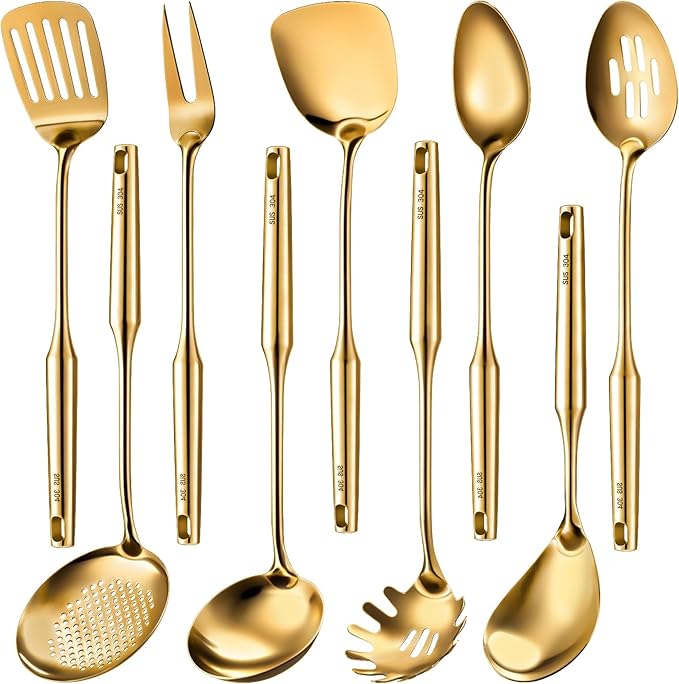 9 Pcs 304 Stainless Steel Utensils Set with Wood Handle Metal Cooking Tool Spatula, Solid Spoon, Slotted Spoon, Fork, Ladle, Skimmer, Slotted Spatula Spaghetti(Gold,Stainless Steel)