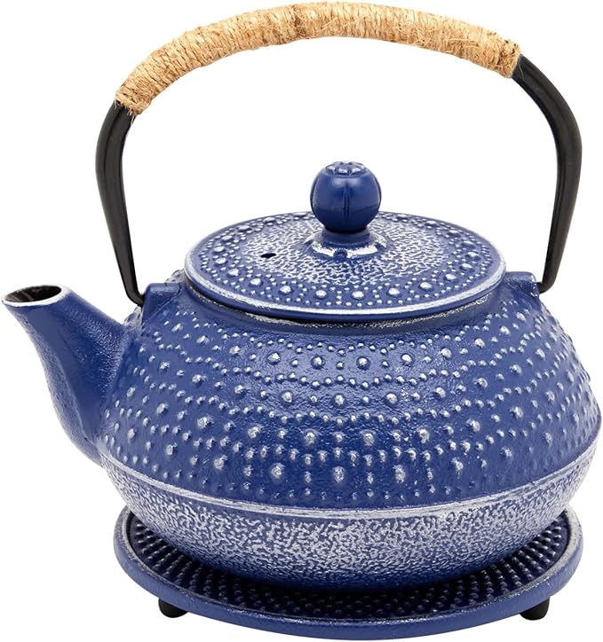 Juvale Cast Iron Teapot with Infuser - Blue, 27 oz (800 mL) - Stovetop Tea Kettle for Loose Leaf Tea - Includes Stainless Steel Infuser & Trivet