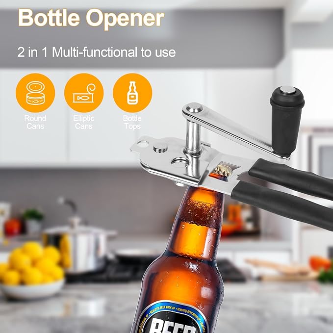 Commercial Can Opener with Magnet, Manual Heavy Duty Folding Hand Crank Can Opener Smooth Edge with Comfortable Long Handles, Fit All Size Cans, Large Cans for Seniors, Kitchen